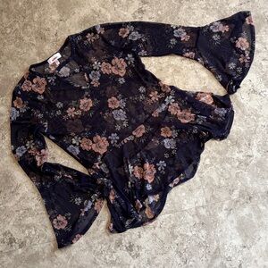 BONGO Navy Blue Floral Blouse with Bell Sleeves See Through